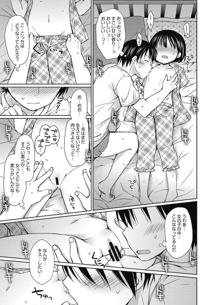 【ロリ妹エロ漫画】JSの可愛い妹が一人で寝るのが怖いって!寝顔が可愛すぎて襲っちゃった童貞お兄ちゃん!チビマンコを舐めると濡れてきたので挿入!寝たふりしてたのね!【Rico】