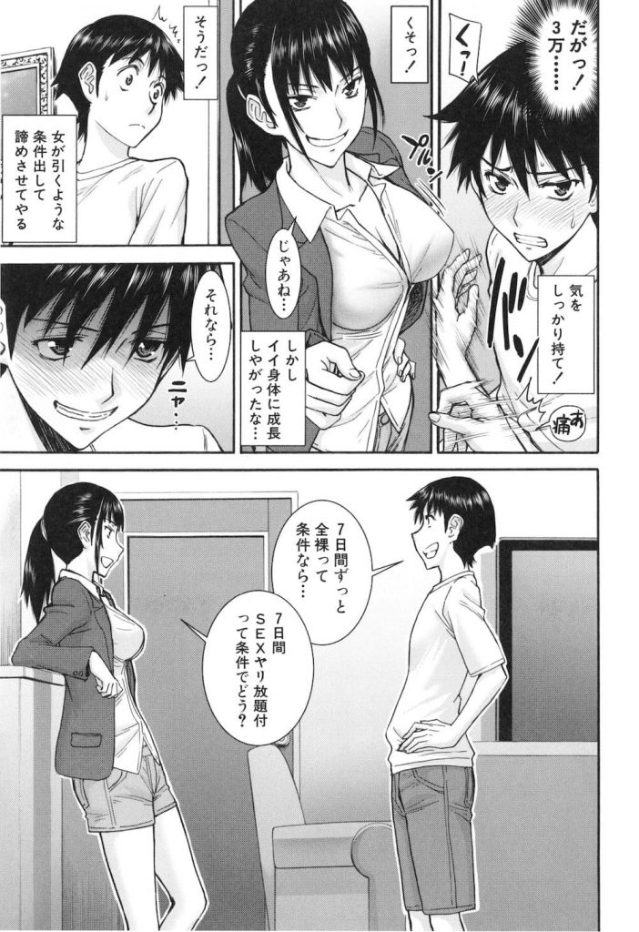 【従姉妹エロ漫画】女子大生の従姉妹が7日間、3万円でSEXヤリ放題を提示して来た!即交渉締結!裸エプロンで興奮して風呂にはいいてたら水着で手コキしてくれた!【いのまる】
