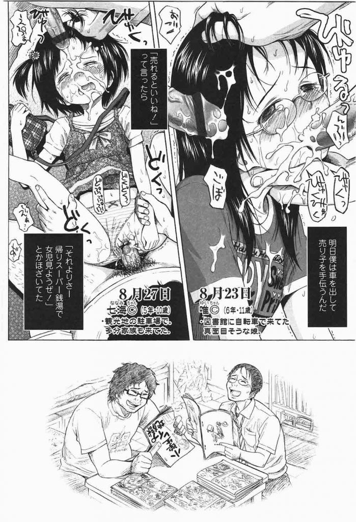 【女児レイプエロ漫画】ゴミクズなロリコン野郎2人!JSをレイプしていく旅に出る!次々に車に連れ込み脅迫輪姦していく2人!衝撃すぎる問題作!【クジラックス】